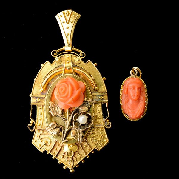 2 CORAL, CULTURED PEARL, 14K YELLOW GOLD PENDANTS.: *COLLECTION OF TWO CORAL, CULTURED PEARL, 14K YELLOW GOLD PENDANTS. Including one Victorian carved coral rose, cultured pearl, 14k yellow gold architectural revival locket together with one coral came
