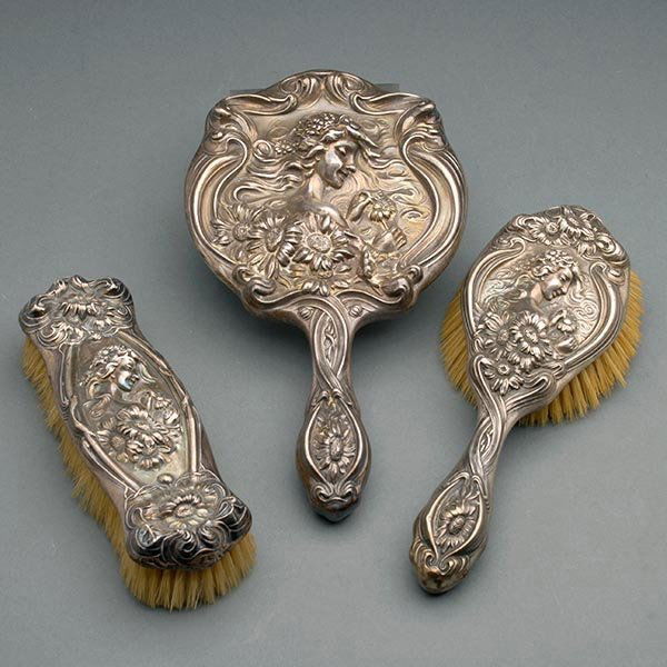Unger Love's Dream Sterling 3 Pc Dresser Set: Unger Love's Dream Sterling Three Piece Dresser Set: comprising two brushes and a hand mirror {Length of mirror 10 1/4 inches; hairbrush 9 inches}