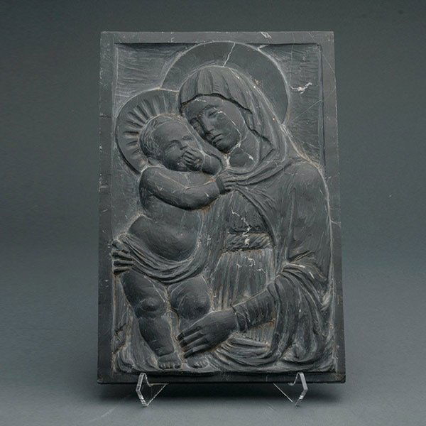 European Stone Plaque of Madonna and Child: European Stone Plaque of Madonna and Child {Dimensions 10 3/4 x 7 inches}