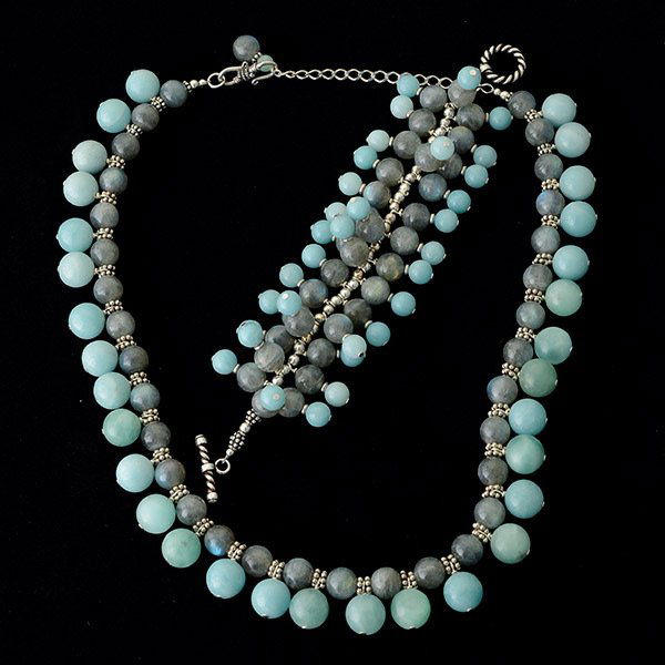 AMAZONITE, LABRADORITE, SILVER JEWELRY SUITE.: AMAZONITE, LABRADORITE, STERLING SILVER JEWELRY SUITE. Including a necklace featuring labradorite beads measuring approximately 10 mm with sterling silver spacers and amazonite drop beads measuring ap