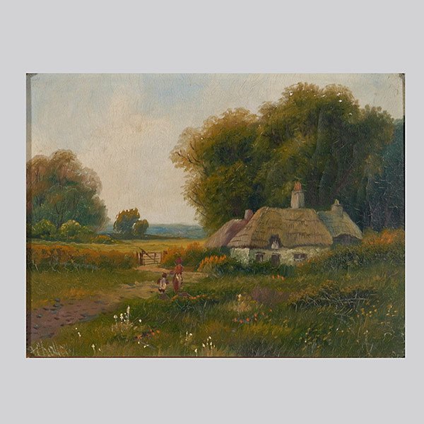Continental School "Cottage Scene" Oil: Continental School (19th Century) "Cottage Scene" Oil on canvas. 9 x 12 inches/ 22.8 x 30.5 centimeters. Illegibly signed lower left. Frame: 15.5 x 18.75 inches/ 39.3 x 47.6 centimeters.