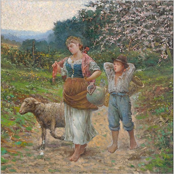 Continental School "Bringing back the Harvest" Oil : Continental School (Late 19th Century) "Bringing back the Harvest" Oil on canvas. 14 x 14 inches/ 35.5 x 35.5 centimeters. Frame: 15.75 x 15.75 inches/ 40 x 40 centimeters.