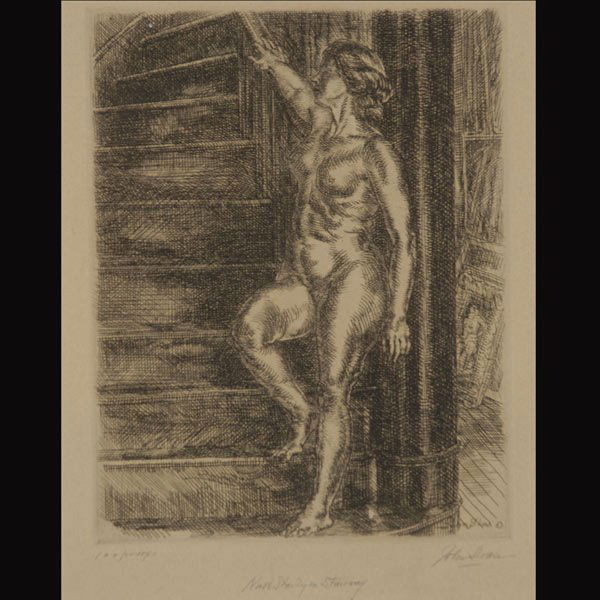 JOHN SLOAN "Nude Standing on Stairway, 1933": JOHN SLOAN (American 1871-1951) "Nude Standing on Stairway 1933" Etching on paper. Plate: 7 x 5.5 inches/ 17.8 x 14 centimeters. Sheet: 12 x 9.4 inches/ 30.5 x 23.8 centimeters. Signed in pencil lower