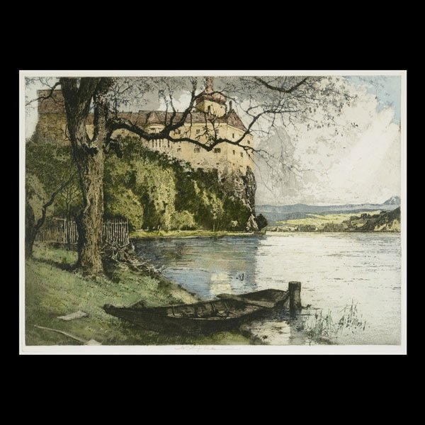 Luigi Kasimir "Persenbeug Caslte" Etching: LUIGI KASMIR (French 1881-1962) "Persenbeug Castle, Austria" Colored etching Plate: 16.5 x 23 inches/ 42 x 58.4 centimeters. Estate Signed lower center "EA Luigi Kasimir" Frame: 25.25 x 30.75 inches/ 