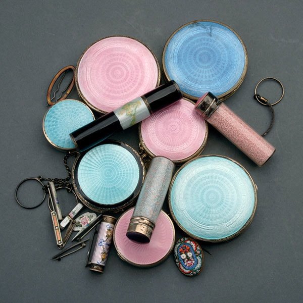 Group of Engine Turned Enamel Compacts and Pins: Group of Engine Turned Enamel Compacts and Pins: Including seven compacts, three scent bottles, a lipstick, seven pins, and an Italian micro mosaic pin (19) {Diameter of largest compact 2 1/2 inches}