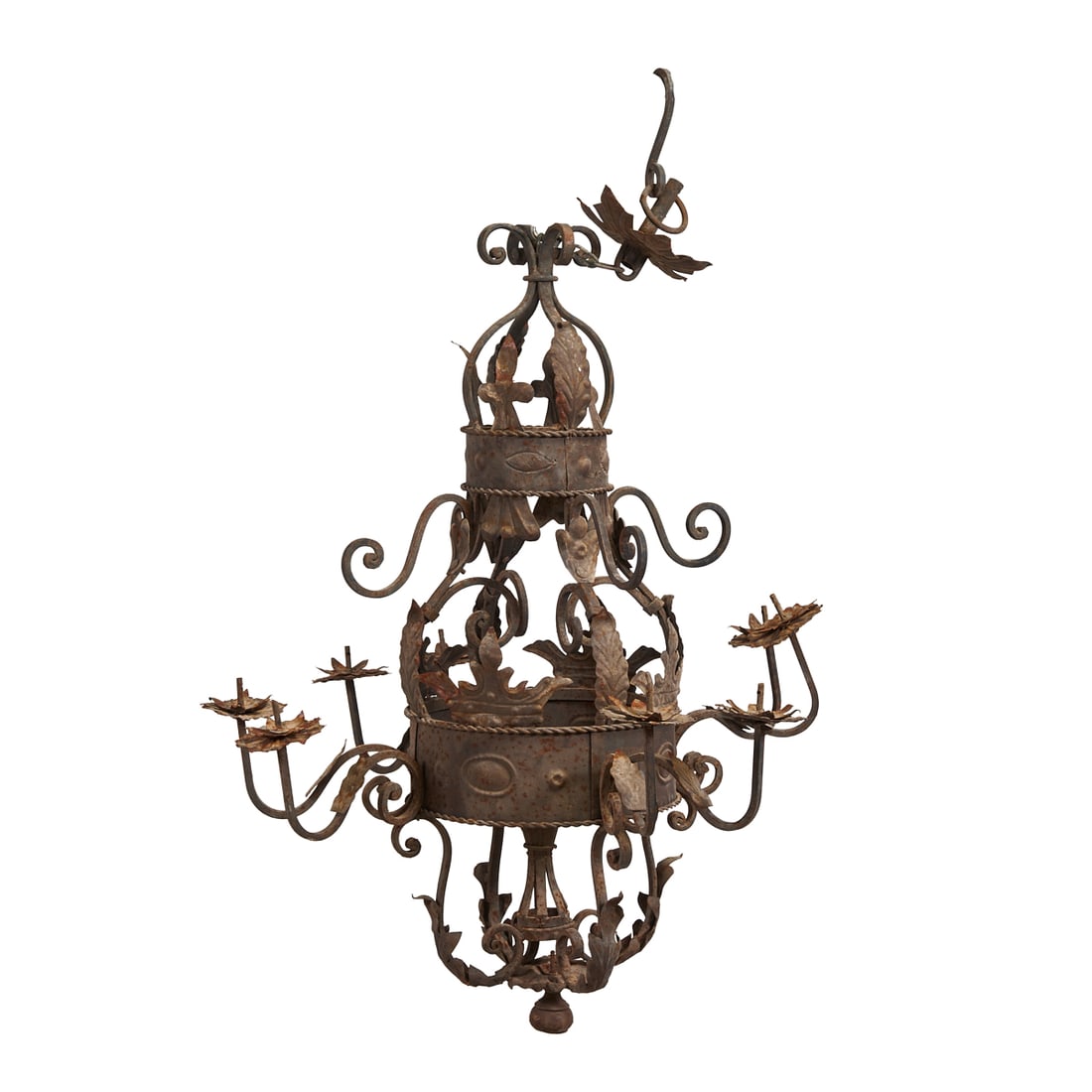 Spanish Baroque Style Wrought Iron and Tole Nine Light Chandelier: Spanish Baroque Style Wrought Iron and Tole Nine Light Chandelier. {Approximate Dimensions: 48" H x 36" W.}.