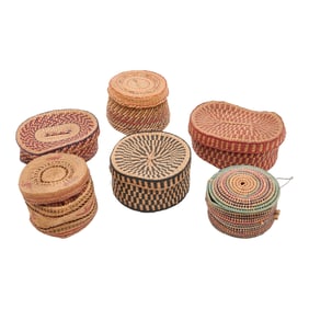 Six Native American and Asian Woven Lidded Baskets