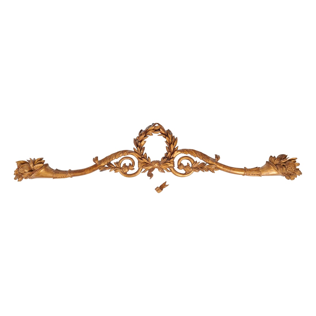 Neoclassical Style Carved Giltwood Crest: Neoclassical Style Carved Giltwood Crest, probably formerly the crest of a pier or hall wall mouned mirror. {Approximate dimensions: 11 1/2" high x 59 1/2" wide.}.