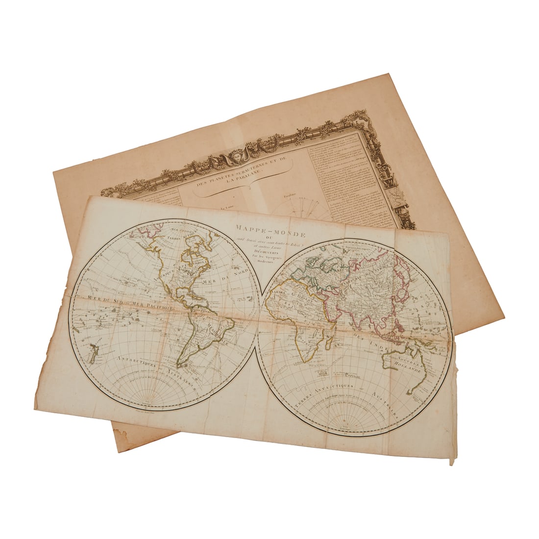 Two Illustrated Charts Maps: The World and Planets, Parallax: Two Copper Plate Engraved Maps or Charts: i. Mappe Monde en Deux Hemispheres, and ii. The World and Planets, Parallax, (i) Mappe-Monde, late 18th Century., possibly by Rigobert Bonne, 1787 {approximat