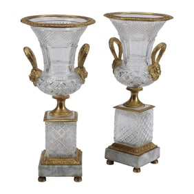 Pair of French Baccarat Style Doré Bronze Mount Cut Crystal Urns on Marble Bases