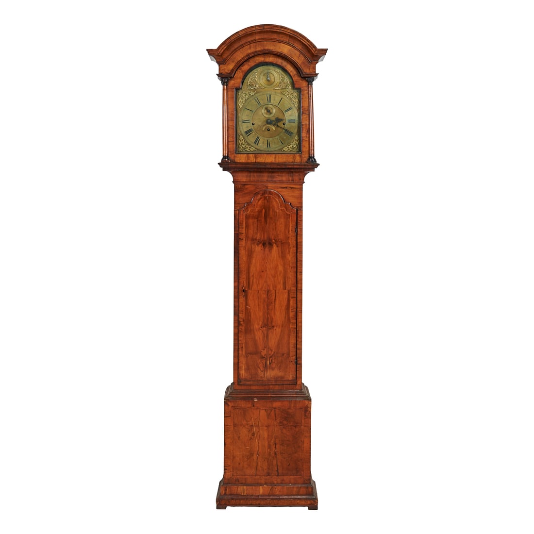 Georgian Walnut Tall Case Clock by William Kipling: Georgian Walnut Tall Case Clock by William Kipling, the figured walnut case with fluted columns to either side of arched hood face.The brass face engraved with Roman numerals, subsidiary seconds and d