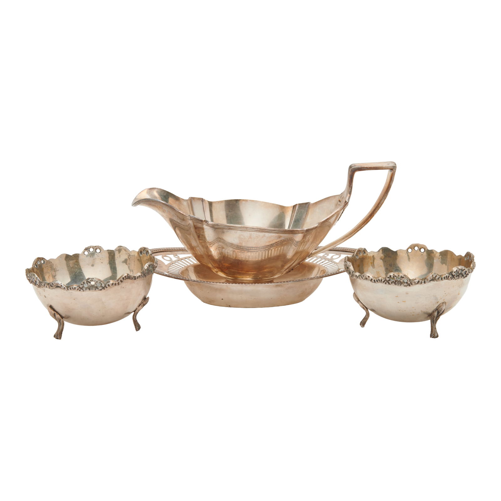 Four Sterling, .800 Silver Articles including Gorham Sauceboat: Four Sterling, .800 Silver Articles.Includes Gorham Sauceboat, Dominick and Haff reticulated small and shallow oval bowl,retailed by John Kay and Company, and two .800 footed bowls. First two articles