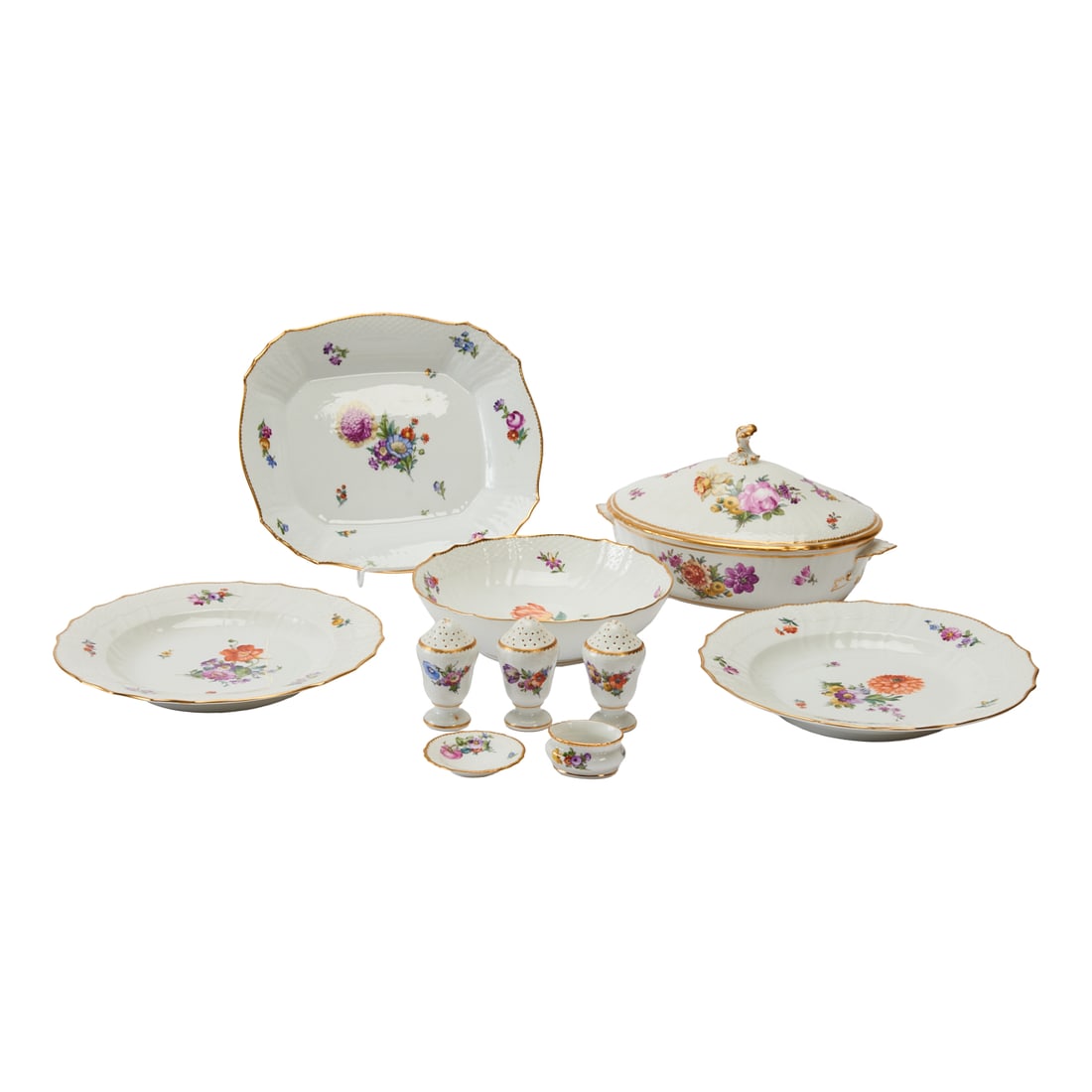 Royal Copenhagen Basket Molded Partial Dinner Service: Royal Copenhagen Basket Molded Partial Dinner Service, consisting of oval vegetable tureen and cover, two dinner plates, serving dish, serving bowl, open master salt bowl and three salt or pepper shak