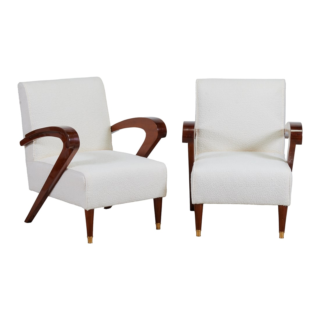Pair of Art Moderne Style Armchairs: Pair of Art Moderne Style Armchairs, dramatic V-shaped burl veneer arms to sides of seat backs and seats, and with white upholstery. {Approximate dimensions: 34" H. x 22" W. x 29" D.}.
