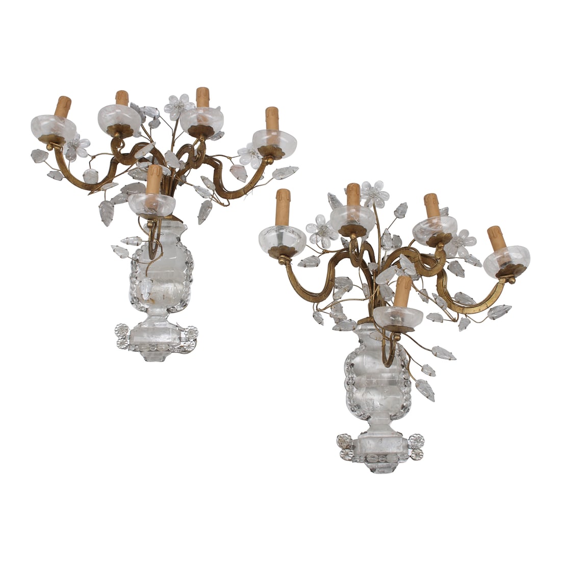 Pair of Bagues Style Rock Crystal and Wrought Iron Wall Sconces: Pair of Bagues Style Rock Crystal and Wrought Iron Wall Sconces. {Approximate dimensions: 25" high x 21 3/4" wide.}.