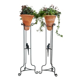 Pair of Tubular Metal Torchere Style Plant Stands and Terracotta Pots