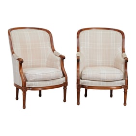 Pair of Louis XV Style Carved Walnut Bergeres