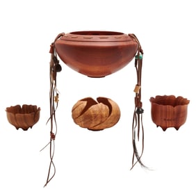 American Craft: Four Brenda Behrens Turned, Carved Wood Bowls