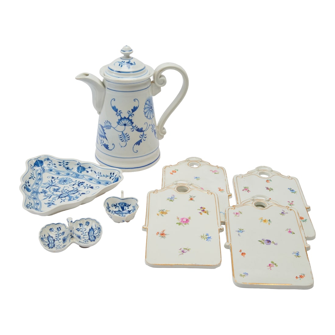 Meissen Porcelain Table Articles: Meissen Porcelain Table Articles. Comprising the following items in matching painted blue onion pattern on white ground:large pitcher with cover, triangular serving dish with raised rim, small double