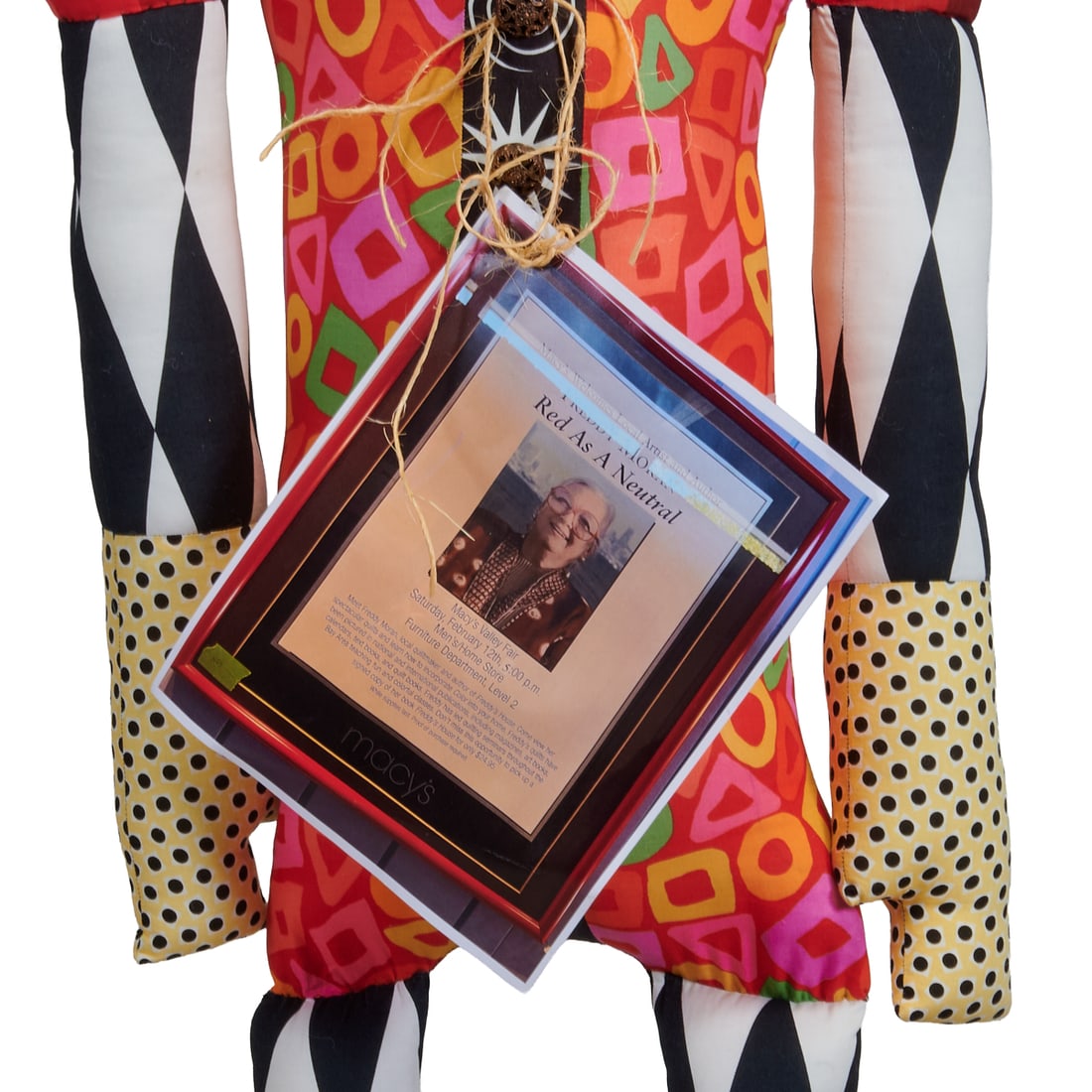 Freddy Moran Tall Quilted Stuffed Figure: Freddy Moran Tall Quilted Stuffed Figure, quilted cotton and poly cotton fabrics, stuffed into the shape of a stylized male figure with moustache and hat. Original identifying sheet from purchase from