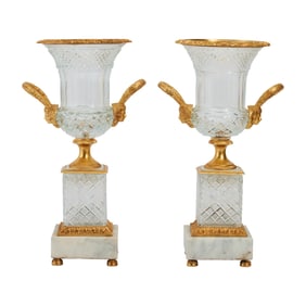 Pair of Baccarat Style Cut Crystal Urns with Bronze Mounts