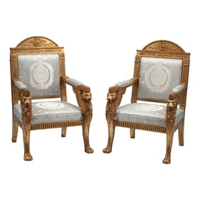 Pair of Italian Directoire Style Lion Head Armchairs