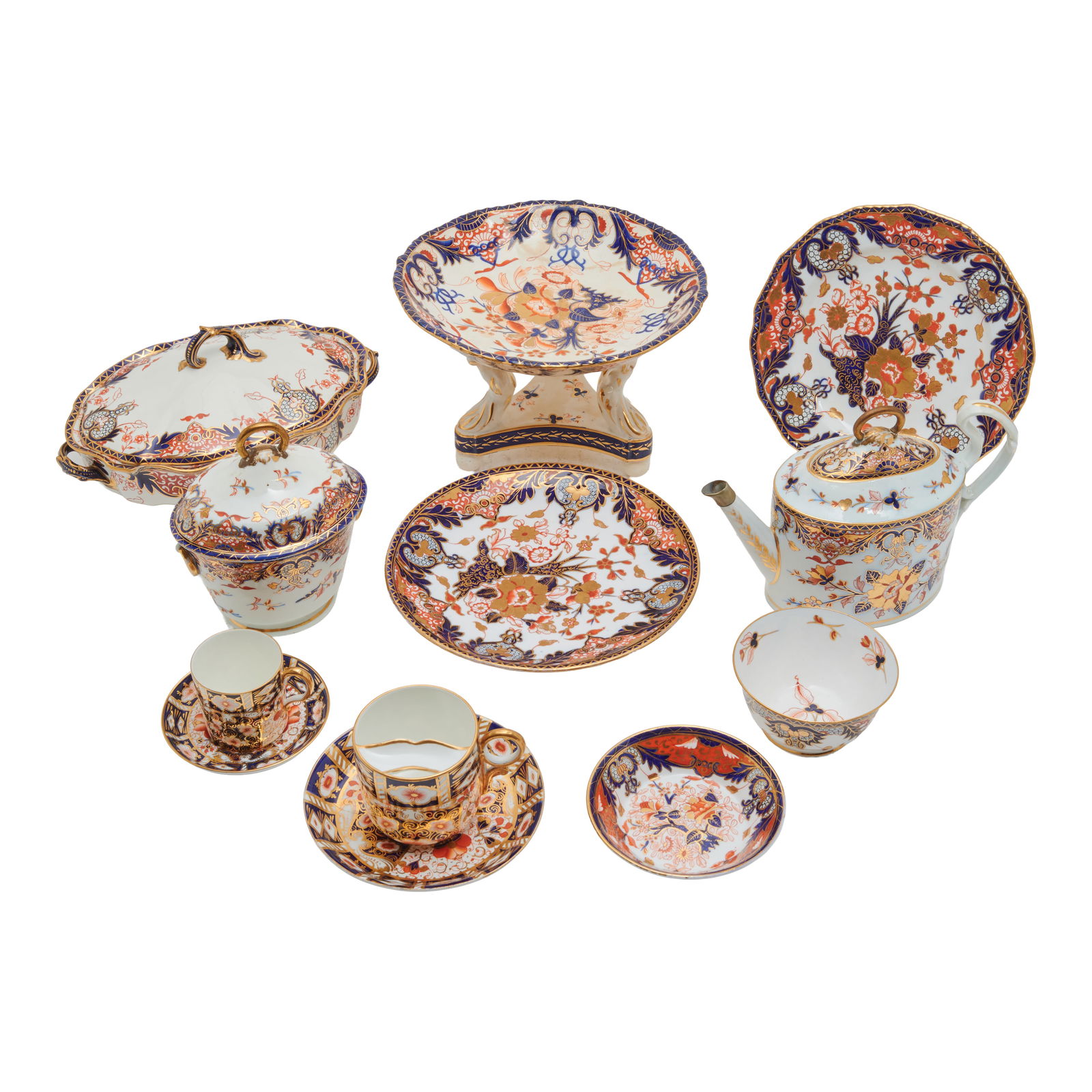 Royal Crown Derby Porcelain Tableware: Royal Crown Derby Porcelain Tableware, comprisingtea and dessert and dinner articles of various Imari patterns, and of shapes such as raised compote, low cake dishes, a pair of vegetable tureens and c