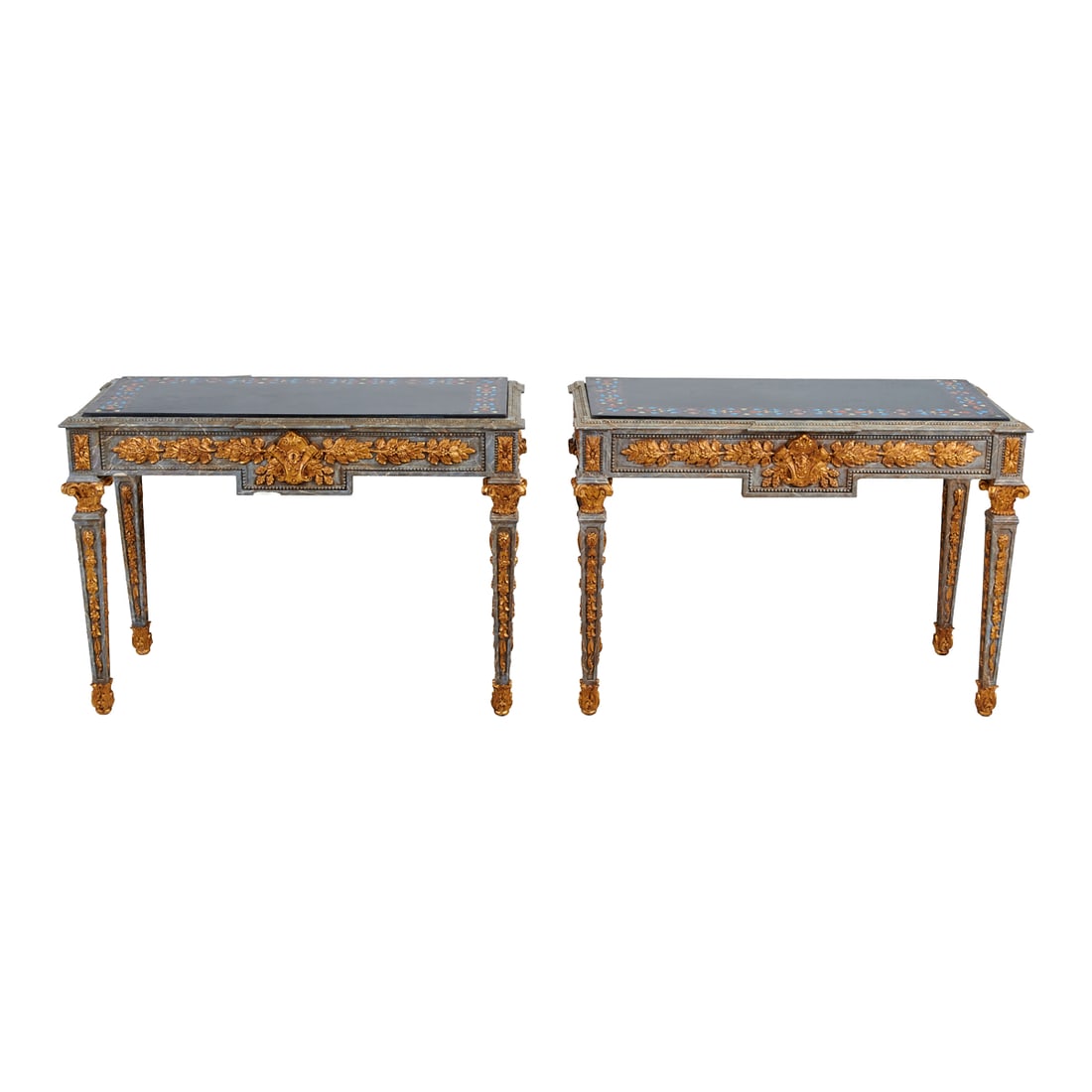 Pair of Neoclassical Style Console Tables with Specimen Marble Tops: Pair of Neoclassical Styler Console Tables with Specimen Marble Tops, extensive carved gilt foliate appliques to fronts, sides and legs. {Approximate Dimensions: 35" H x 49.5" W x 20.25" D.}.