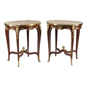 Pair of Louis XV Style Gilt Bronze Oval Tables with Marble Tops