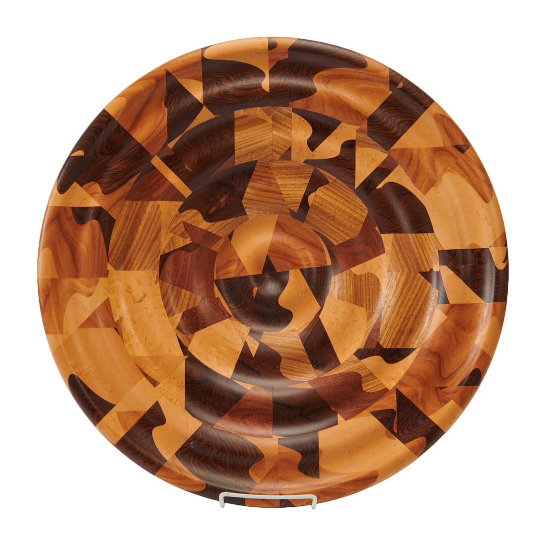 Pete Arenskov Carved and Turned Segmented Charger: Pete Arenskov Segmented Charger. Burned PETE ARENSKOV to underside, incised "paa" and dated "12 tilda 89.".{Approximate dimensions: 3 1/2" H. x 17 3/4" Diameter.}.