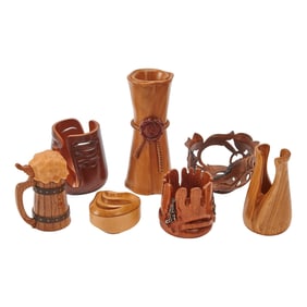 Seven Nikolai Ossipov Carved Wood Items including Trompe LOeil.