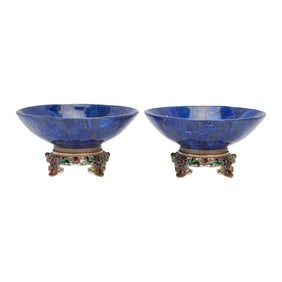 Pair of Lapis Lazuli Bowls on Jeweled and Enameled Bases