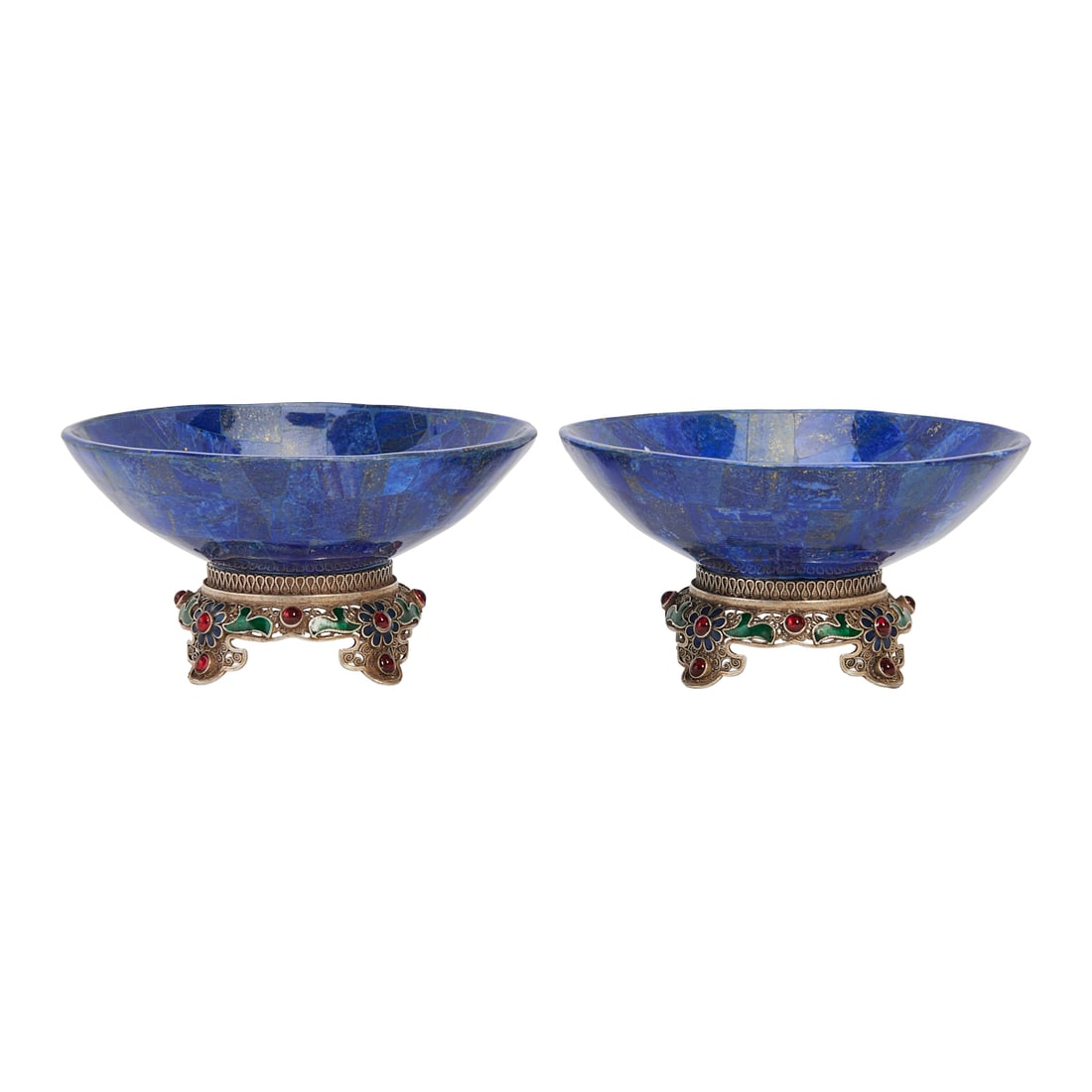 Pair of Lapis Lazuli Bowls on Jeweled and Enameled Bases: Pair of Lapis Lazuli Bowls on Jeweled and Enameled Bases, the lightly shaped bowls atop conforming bases with filigree work, enamel and inset with cabochon stones. {Approximate Dimensions: 4" H. x 7 1