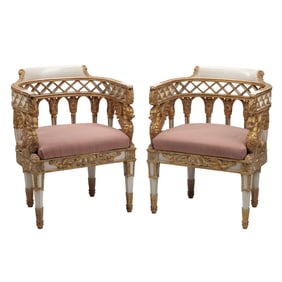 Pair of Neoclassical Style Painted and Parcel Gilt Bergeres