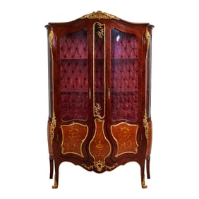 French Louis XV Style Marquetry Parquetry Vitrine Cabinet