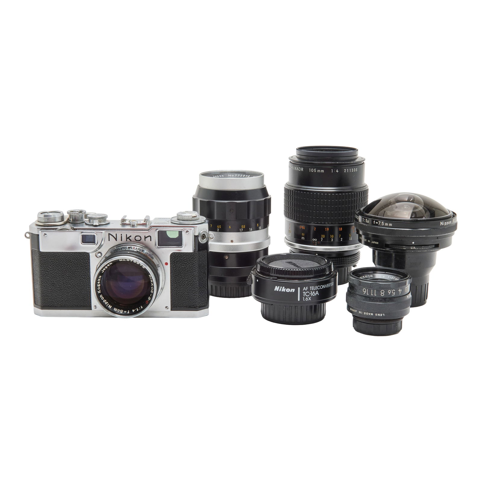 Vintage Nikon Nippon Kogaru Tokyo 35 MM Camera and Lenses: Nikon Nippon Kogaru Tokyo 35 MM Camera and Lenses, comprising body, serial number 6169846, with Nippon Kogaku Japan Nikkor SC 1:1.4 f5 lens, serial number 376973. Together with El Nikkor 1:2.8 f 50 mm