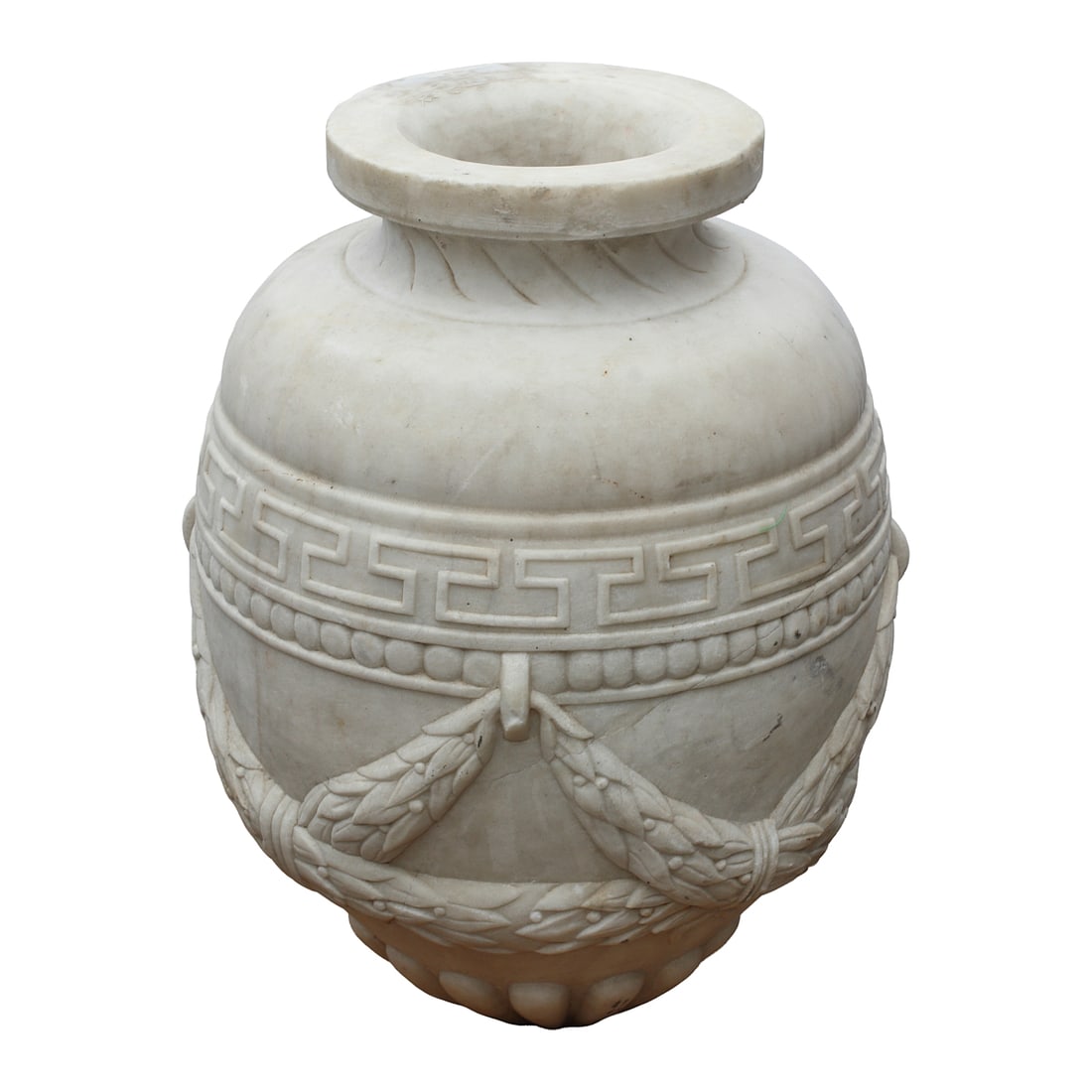Neoclassical Style Carved Marble Urn: Neoclassical Style Carved Marble Urn, after the Antique. {Approximate dimensions: 21 3/4" high x 17 1/2" wide.}.