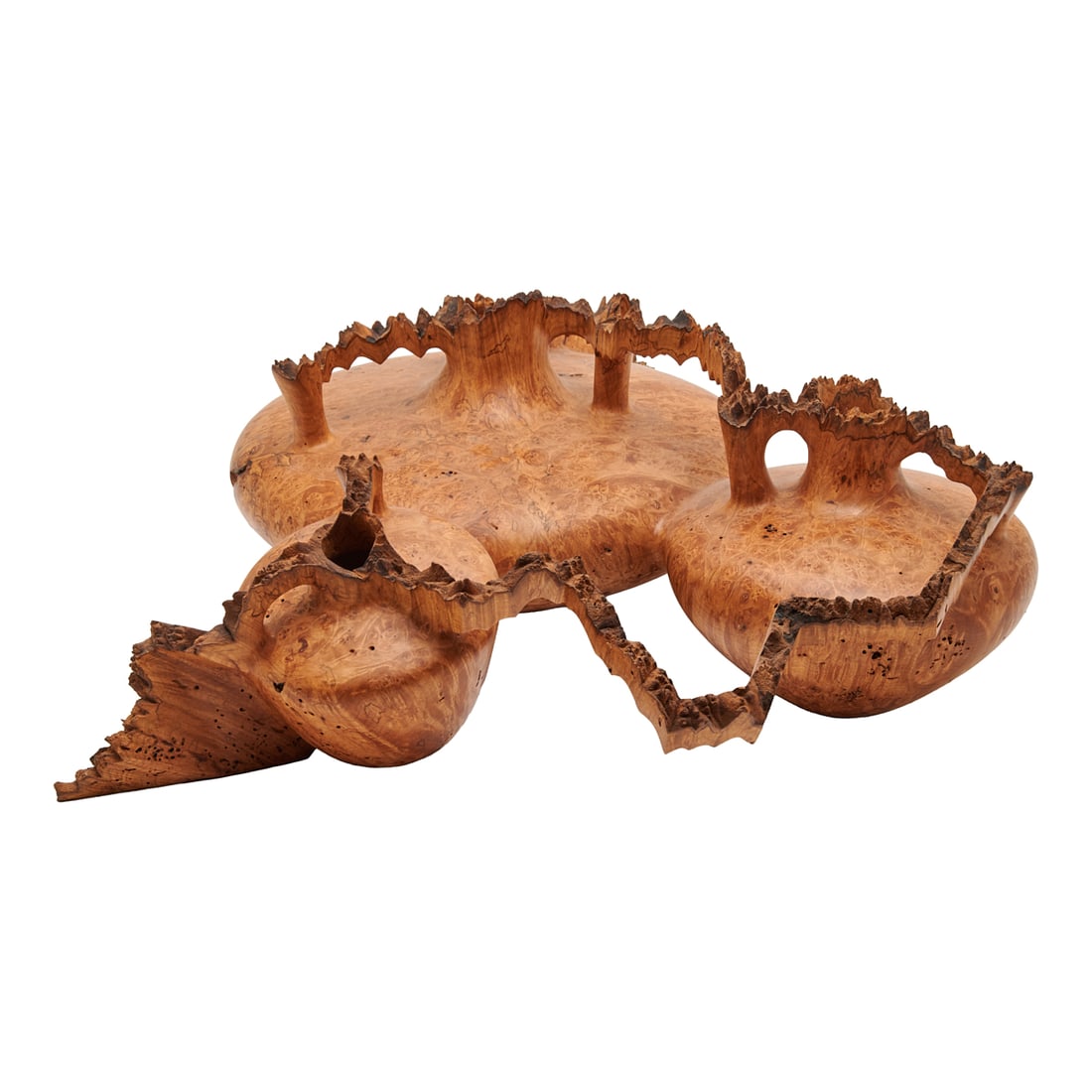 Hugh McKay Maple Burl Tripot Number Three: Hugh McKay Maple Burl Tripot Number Three, sculpture of three interconnected bowl vases, with jagged edges. Signed in Dremmel, Hugh E. McKay asterisk, over "Tripot #3," and copyright sign, over date,1