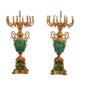 Pair of Louis XV Style Gilt Bronze Mounted Faux Malachite Nine Light Candelabra