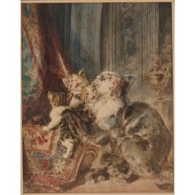 European School, Mother Cat with Kittens, Watercolor