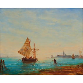 Felix Ziem, Fishing Boat in Venice, Oil on Panel