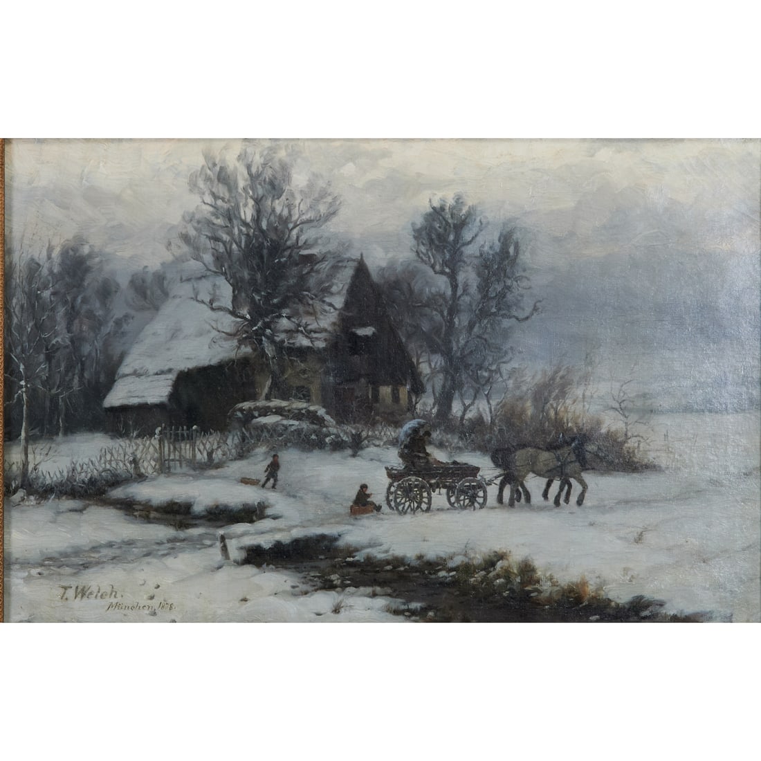 Thaddeus Welch, Winter Ride, Oil on Canvas: Thaddeus Welch (American, 1844 - 1919), Winter Ride, Munich, 1878, oil on canvas,[approximate dimensions - canvas: 19 3/4" H x 311/2" W], signed, dated"1878," and annotated "Muchen" lower left; galler