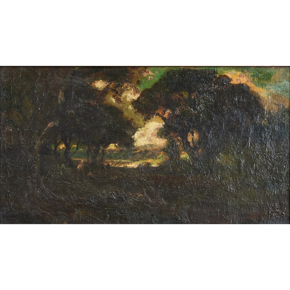 William Keith, Trees at Dusk, Oil on Canvas: William Keith (American, 1838 - 1911) Trees at Dusk, oil on canvas,[approximate dimensions - canvas: 10 1/2" H x 19" W], signed lower left.