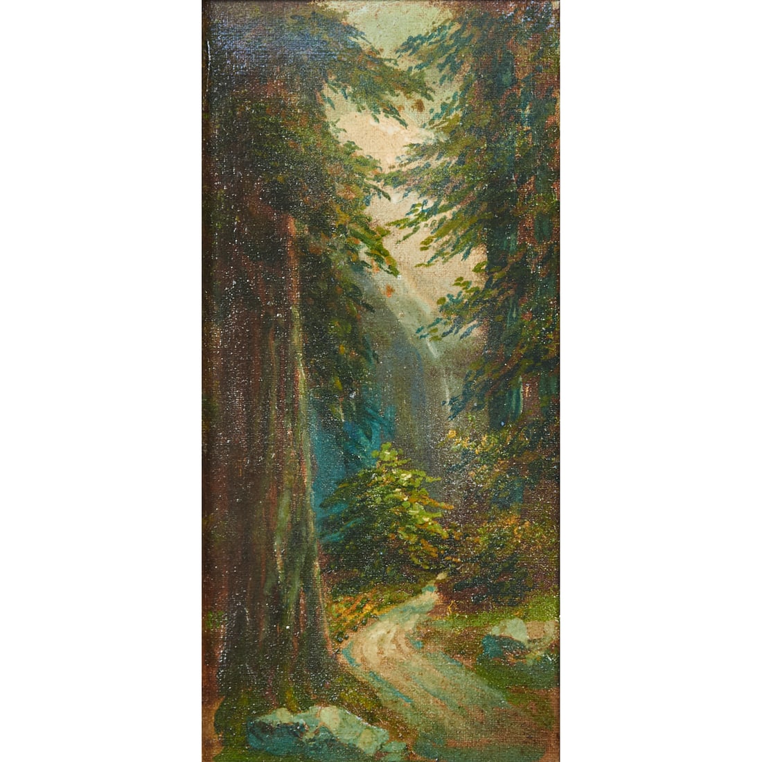 William Keith, Redwoods, Oil on Canvas Board: William Keith (American, 1838 - 1911), Redwoods, oil on canvas mounted onboard,[approximate dimensions - sight: 9 1/4" H x 4 3/4" W], signed lower left.