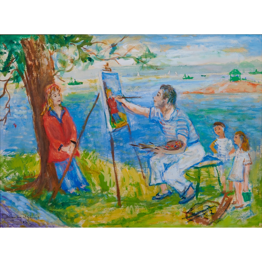 Robert Philipp, Painting at Gloucester, Gouache on Paper: Robert Philipp (American, 1895 - 1981),Painting at Gloucester, gouache on paper,[approximate dimensions - sight: 22" H x 28 7/8" W], titled and signedlower left corner; label verso. Notes: This lot in