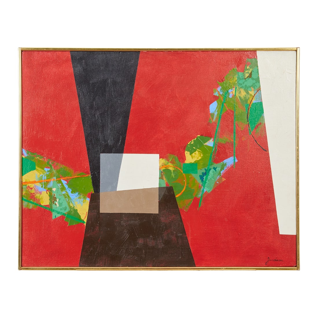 Jeanette Judson, Rondo, Oil on Canvas: Jeannette Judson (American, born 1912), Rondo, 1966, oil on canvas with collage,[approximate dimensions - sight: 35 3/4" H x 29 5/8" W], signed lower right corner; old gallery label and inscribed "Ron