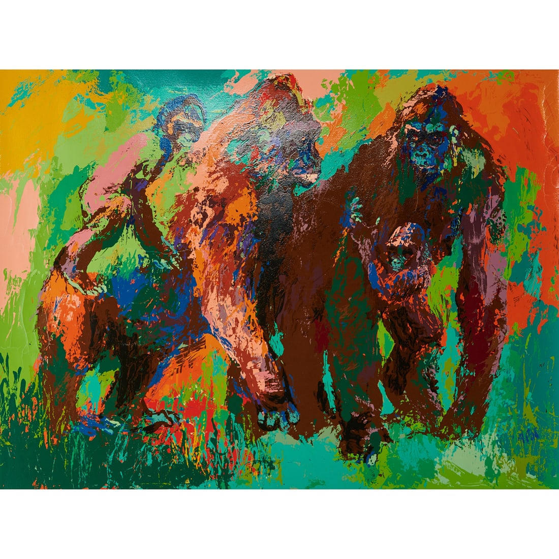 LeRoy Neiman, Gorilla Family, Serigraph: LeRoy Neiman (American, 1921 - 2012), Gorilla Family, 1980, serigraph, [approximate dimensions -plate: 28 3/8" H x 38" W], signed, publisher blind stamp, and numbered 70/300 at low margin.
