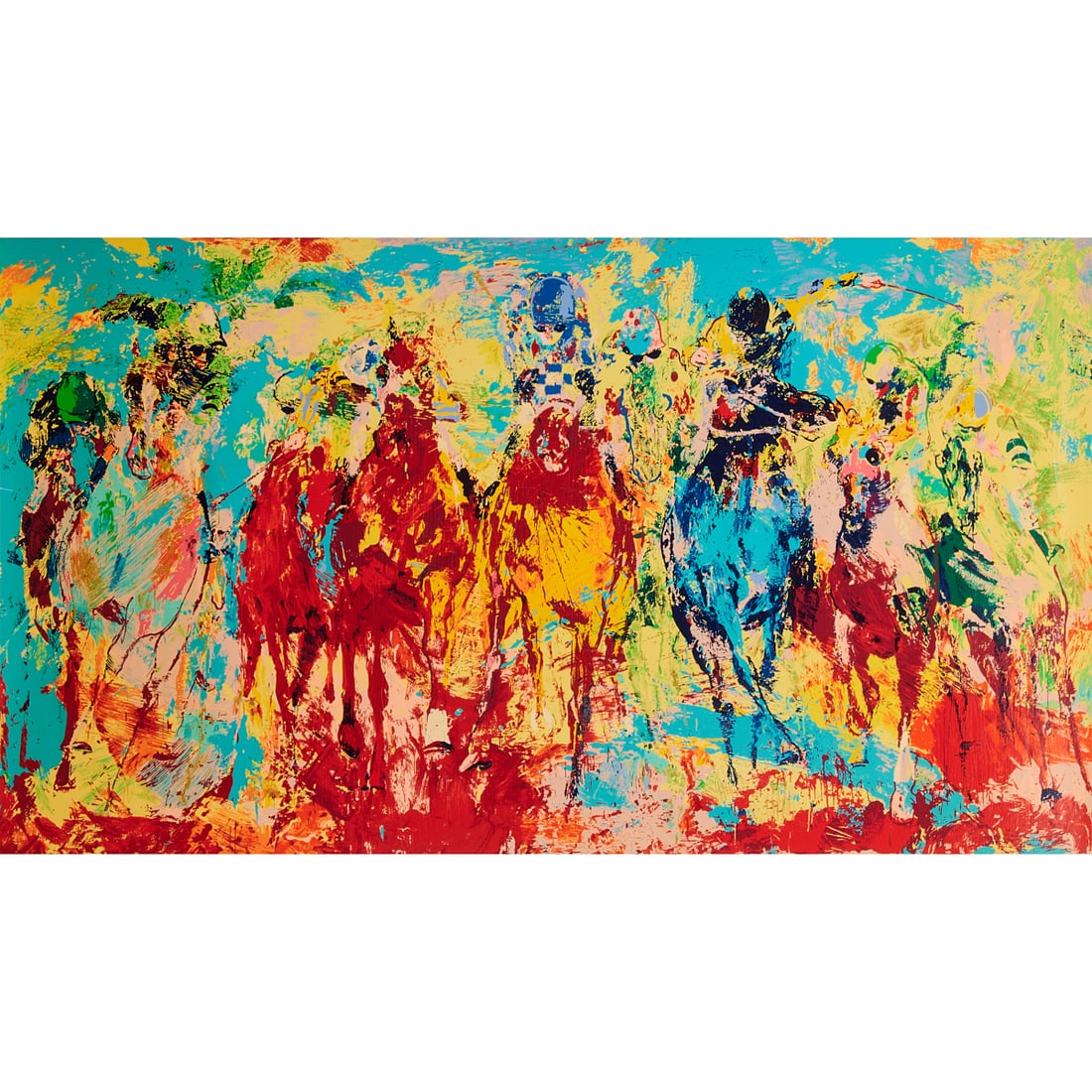 LeRoy Neiman, Stretch Stampede, Serigraph: LeRoy Neiman (American, 1921 - 2012), Stretch Stampede, 1979, serigraph, [approximate dimensions -plate: 25 1/2" H x 44 3/4" W], signed, publisher blind stamp center, and numbered72/300 at low margin.
