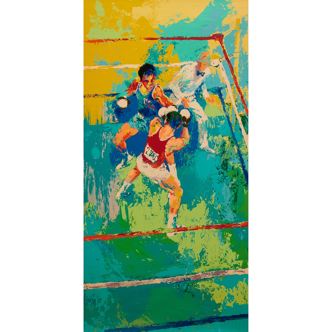 LeRoy Neiman, Olympic Boxing, Serigraph: LeRoy Neiman (American, 1921 - 2012), Olympic Boxing, Moscow, 1980, serigraph, [approximate dimensions -plate: 41 3/4" H x 21" W], signed, publisher blind stamp, and numbered 223/300 at low margin.