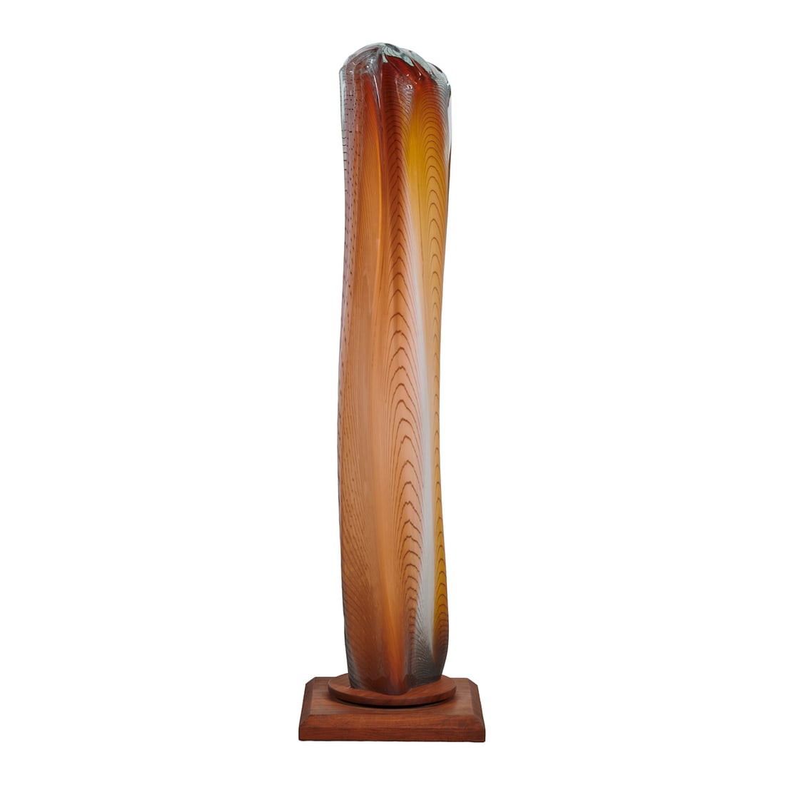 William Morris, Standing Stone, Blown Glass Sculpture: William Morris (American, born1957), Standing Stone, handblown colored glass,narrow semi folded tubular structure with striations, [approximate dimensions - sculpture without base: 43 1/2" H x 7" W, c